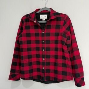 Orvis Mens Red Black Buffalo Plaid Fleece Lined Snap Front Shirt Jacket S